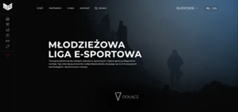 Hero section strony Młodzieżowej Ligi E-sportowej z ciemnym tłem i przyciskiem 'Dołącz'.