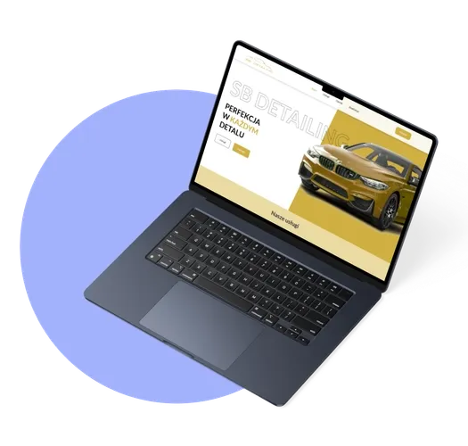 Strona główna SB Detailing Studio z żółtym samochodem i hasłem 'Perfekcja w każdym detalu'