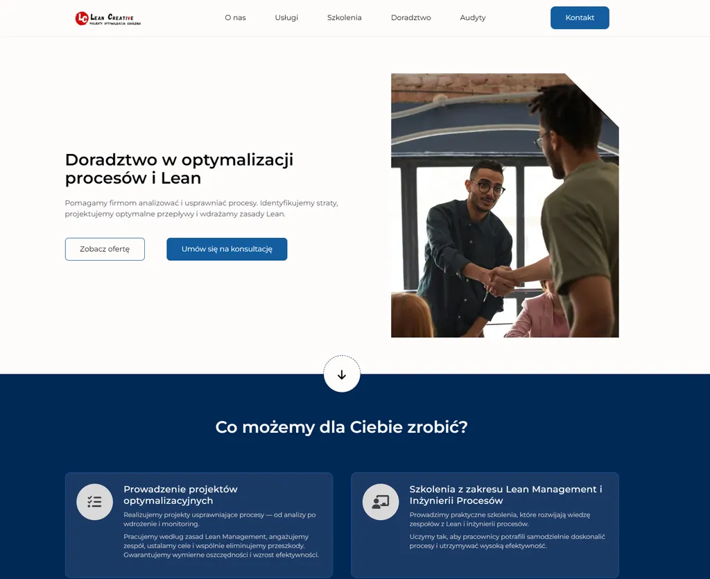 Nowa wersja strony Lean Creative - nowoczesny design z nawigacją i profesjonalnym wyglądem
