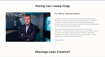 Strona Lean Creative - strona glowna z tekstem poznaj nas i zdjeciem