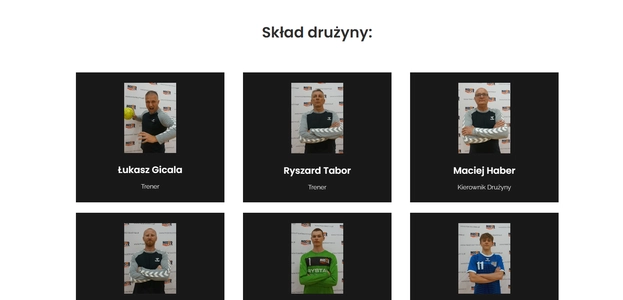 Podstrona MOSiR Bochnia - sekcja składu drużyny piłki ręcznej II ligi z kafelkami z imieniem, nazwiskiem oraz pełnioną funkcją.