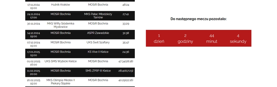 Podstrona MOSiR Bochnia - sekcja terminarzu rozgrywek z wynikami meczów drużyny piłki ręcznej II ligi oraz licznikiem czasu do najbliższego meczu.