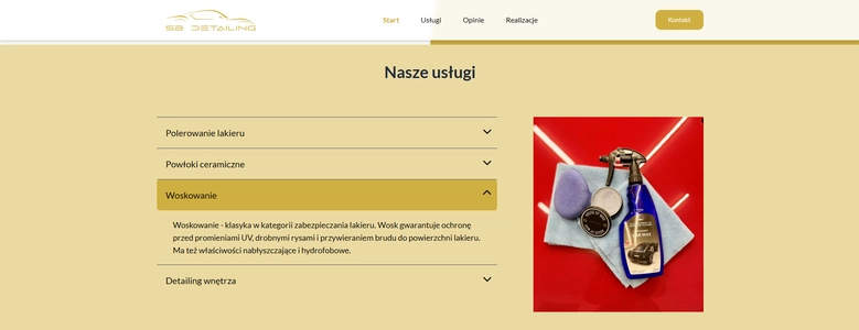 Strona główna SB Detailing Studio - sekcja nasze usługi z grafiką oraz accordion i opisami