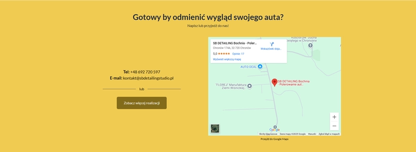 Strona główna SB Detailing Studio - sekcja CTA z mapą, danymi kontaktowymi i linkiem do formularza