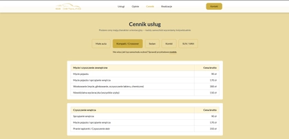 Strona cennika SB Detailing Studio - sekcja cennika z wyborem typów aut i opisami