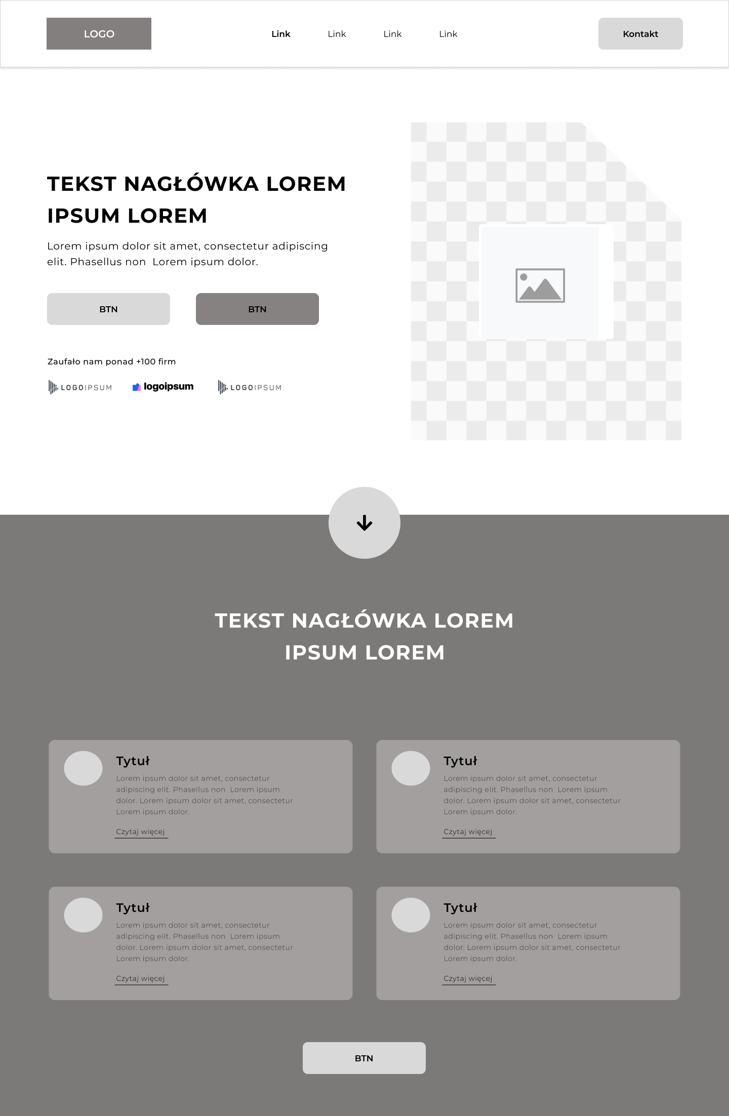 Przykład prostego wireframe'u strony internetowej - szkic przedstawiający strukturę i rozmieszczenie elementów na stronie
