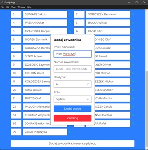 Tablica wyników MOSiR Bochnia - pokazanie sekcji ustawień meczu z możliwością edytowania nazw drużyn, czasu meczu, kar oraz wyniku.