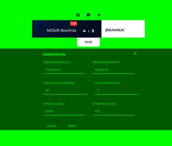 Tablica wyników MOSiR Bochnia - pokazanie sekcji ustawień meczu z możliwością edytowania nazw drużyn, czasu meczu, kar oraz wyniku.