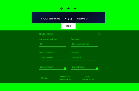 Tablica wyników MOSiR Bochnia - pokazanie sekcji akcji z możliwością dodania zawodników oraz wyświetlania komunikatów o karach.