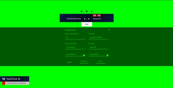 Tablica wyników MOSiR Bochnia - pokazanie działania sekcji akcji dając czerwoną kartkę.