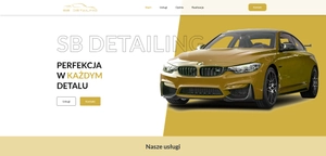 Strona główna SB Detailing Studio z żółtym samochodem i sloganem 'Perfekcja w każdym detalu'